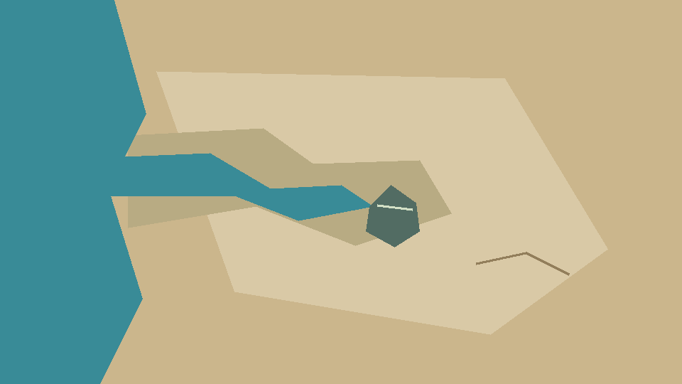 Authored shoreline plan with a left sea, winding teal channel, two tan zones and a marked dark rock; no readable waterline on the rock face.